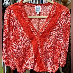 Blue Rain Red Patterned Blouse with Lace Trim